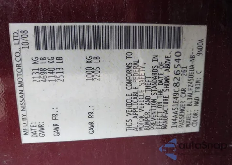 2009 Nissan Maxima 3.5 Sv z USA, uszkodzony, nr VIN 1N4AA51E49C826540